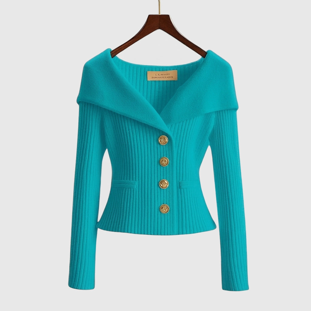 Cardigan côtelé femme à épaules dénudées et boutons dorés 5