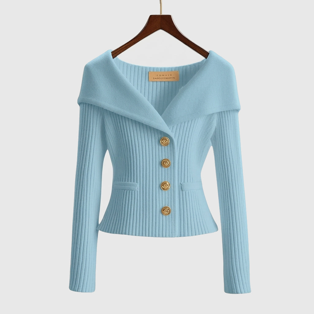 Cardigan côtelé femme à épaules dénudées et boutons dorés 7