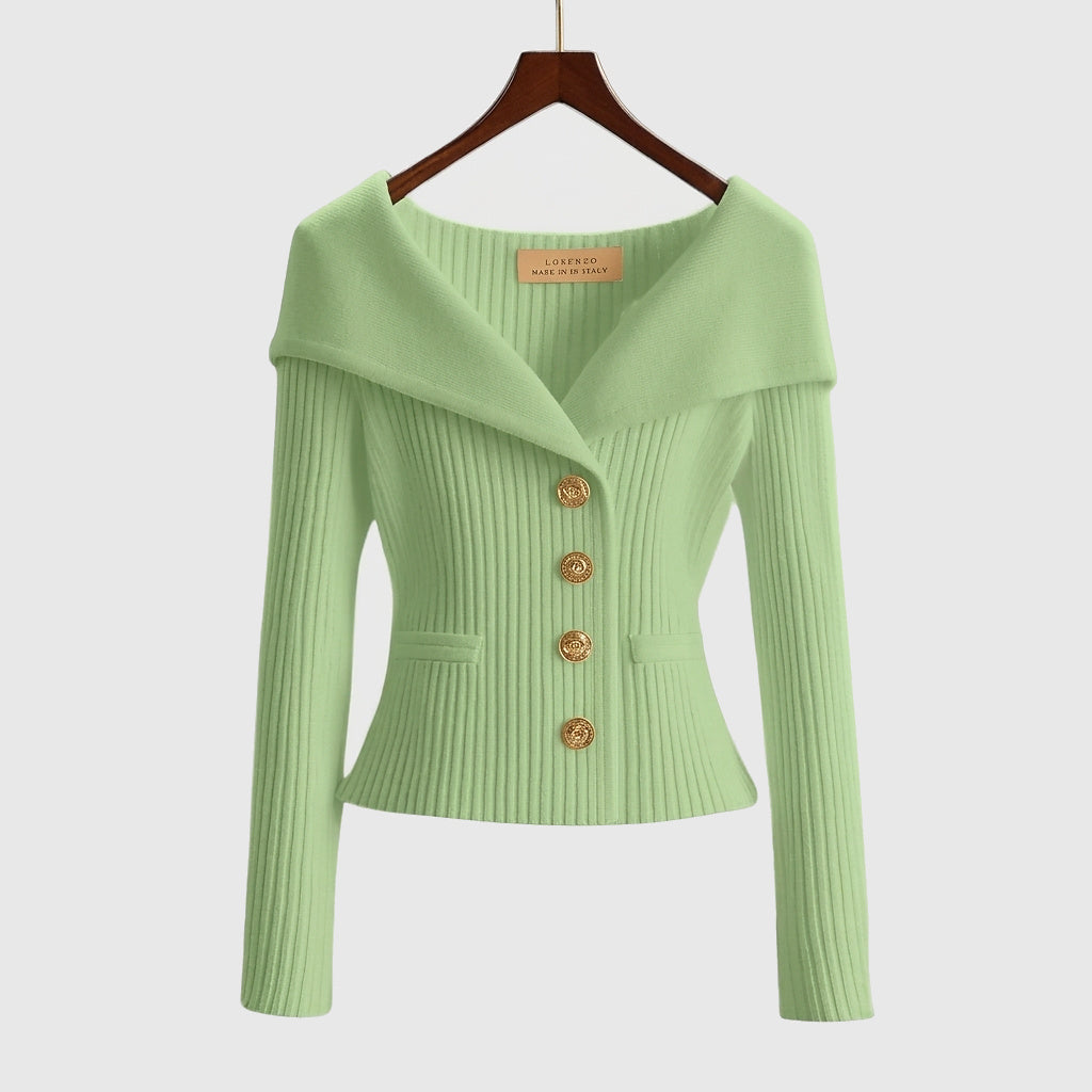 Cardigan côtelé femme à épaules dénudées et boutons dorés 8