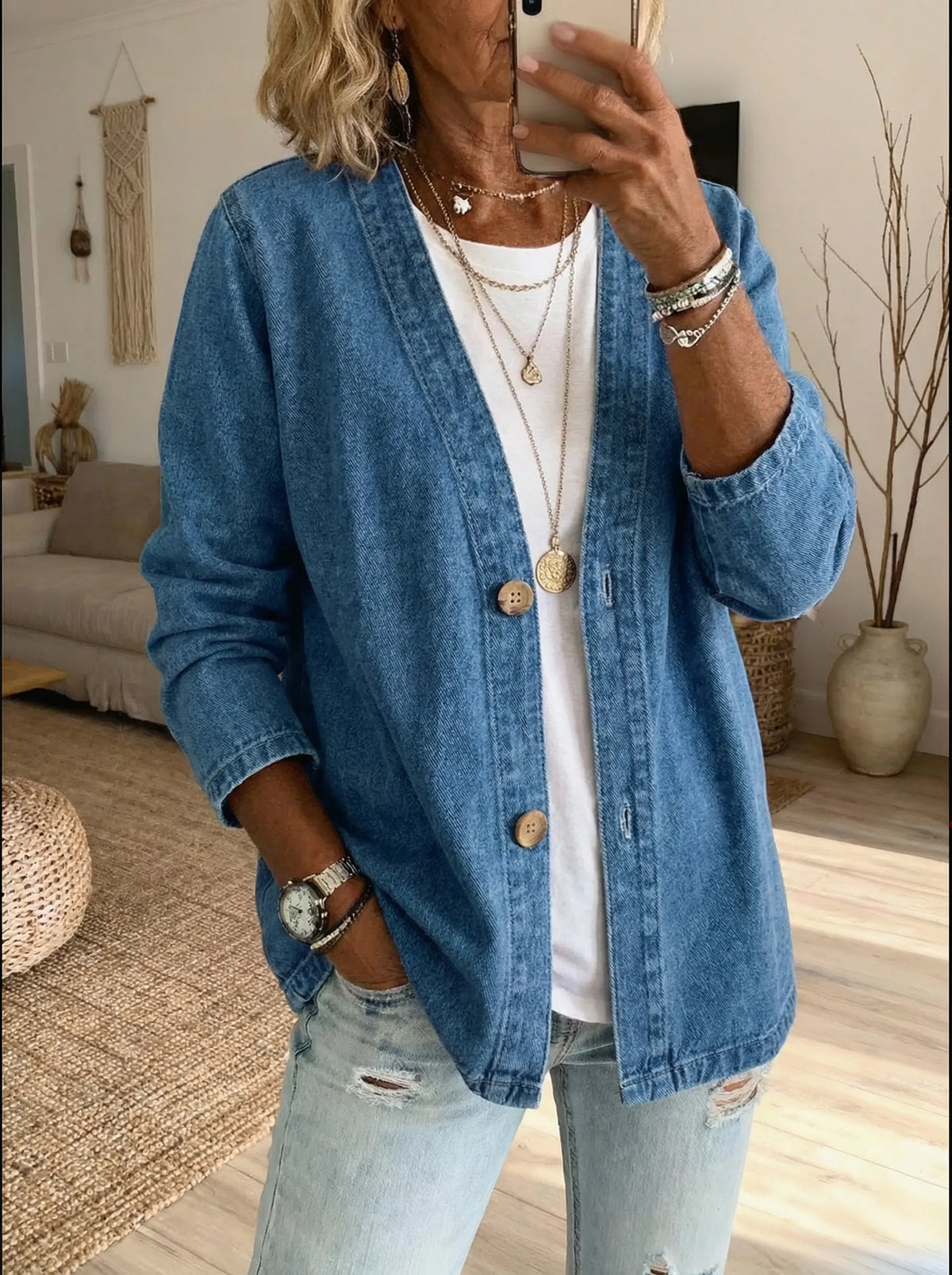 Cardigan en denim femme boutonné coupe décontractée 2