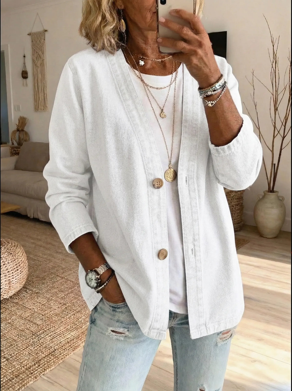 Cardigan en denim femme boutonné coupe décontractée 3