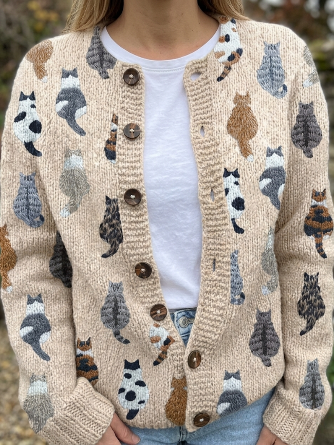 Cardigan femme en maille à motif chat boutonné 1