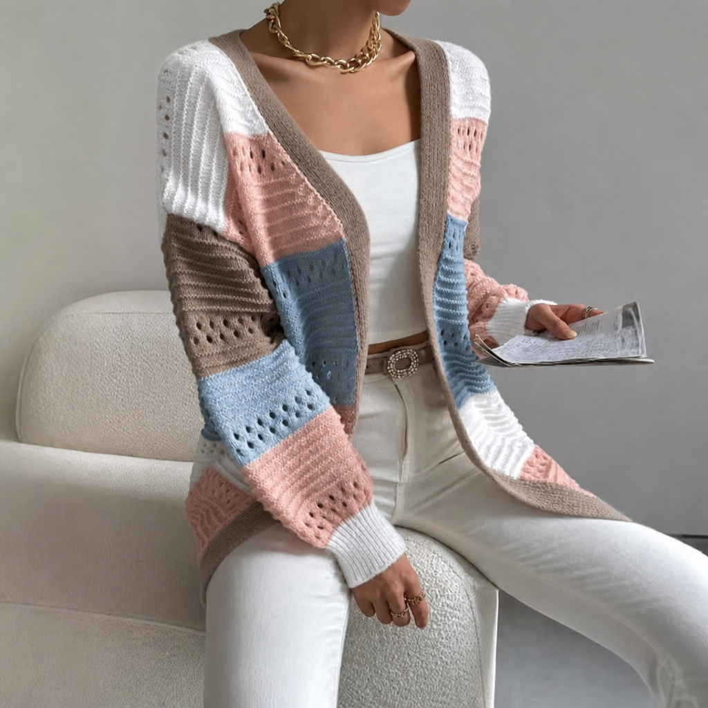 Cardigan long femme en maille ajourée color block ouvert devant 1