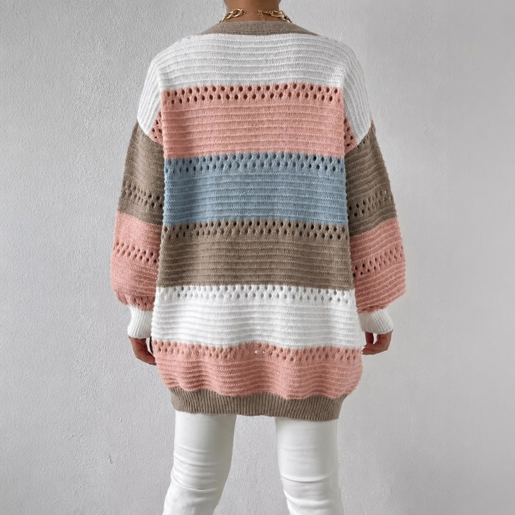 Cardigan long femme en maille ajourée color block ouvert devant 3