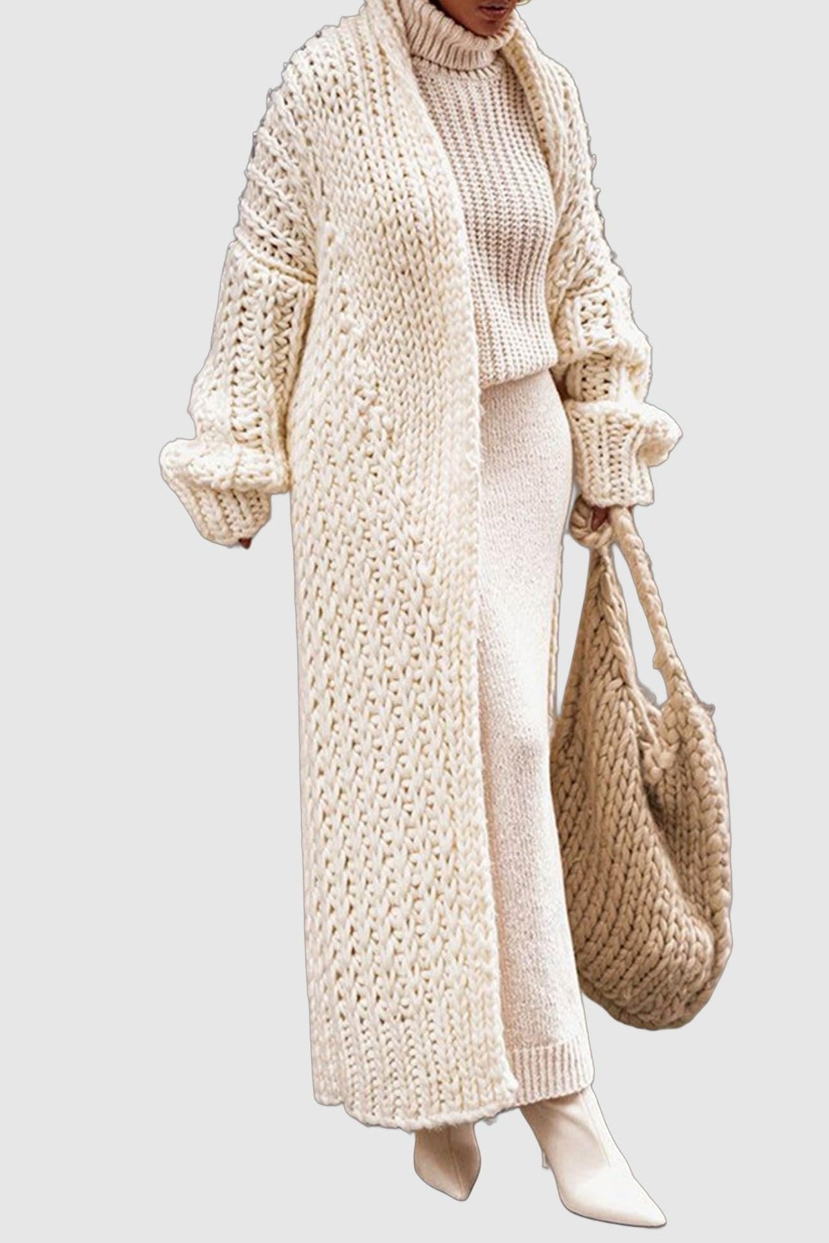 Cardigan long femme oversize en grosse maille ouvert devant 2