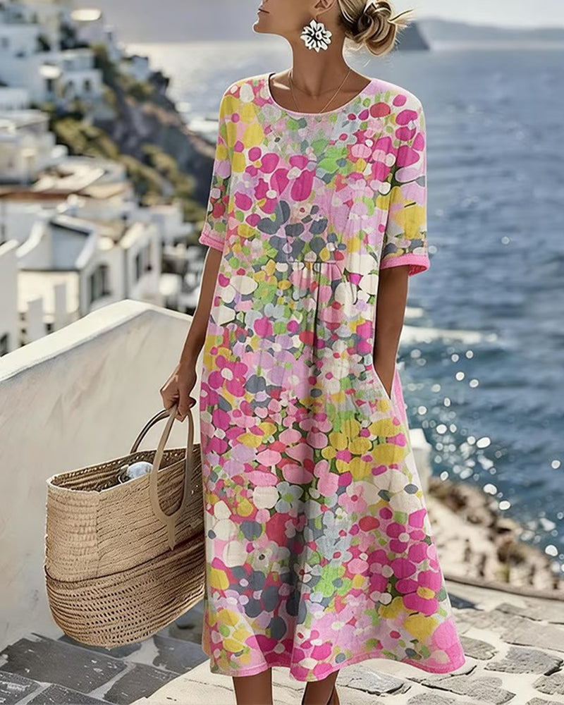 Robe midi fleurie en coton et lin à manches courtes et poches