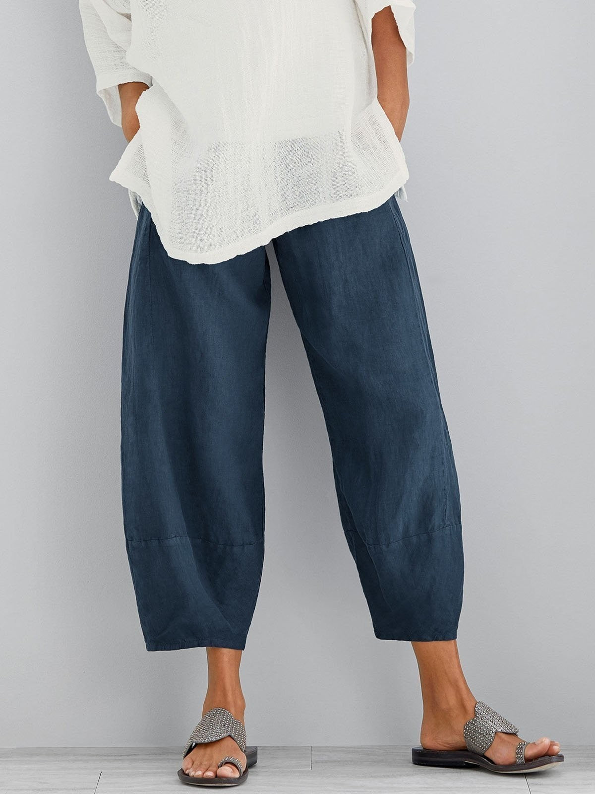 Pantalon court femme en coton à taille élastique et poches