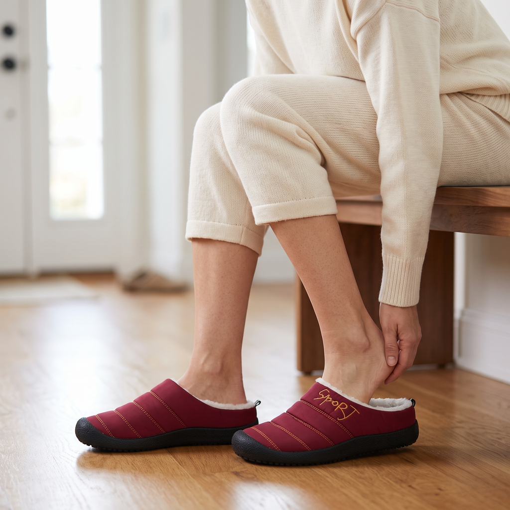 Chaussons d'hiver femme à enfiler à col fourré et semelle en caoutchouc 9