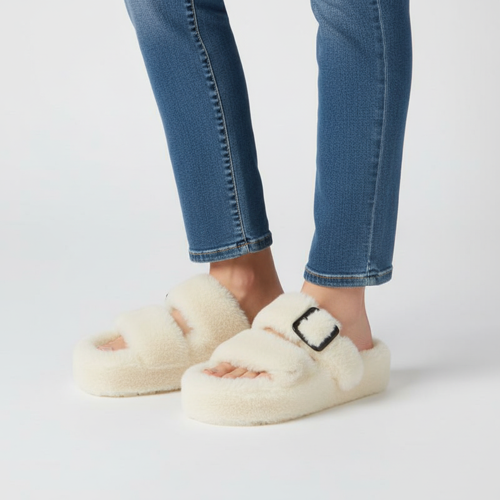 Chaussons d'hiver femme ouverts à plateforme et bride à boucle 1