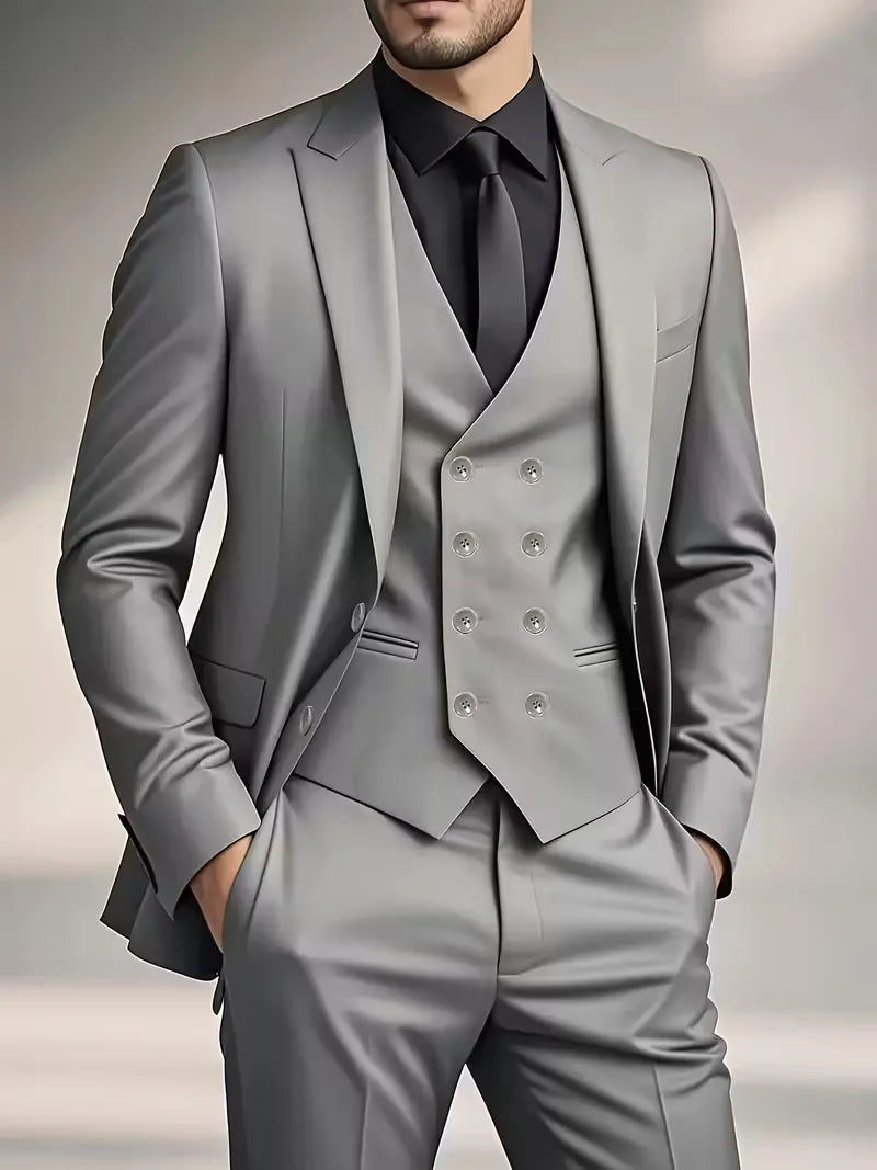 Costume 3 pièces homme croisé coupe slim veste à revers gilet assorti 19