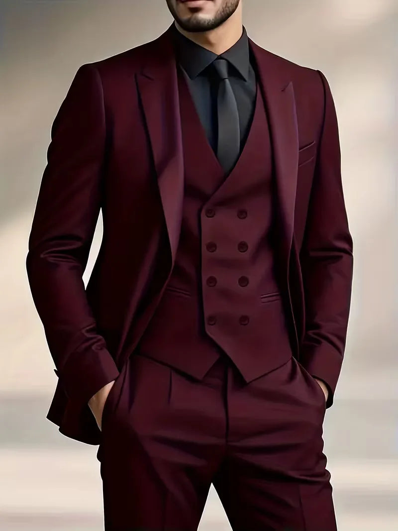 Costume 3 pièces homme croisé coupe slim veste à revers gilet assorti 24
