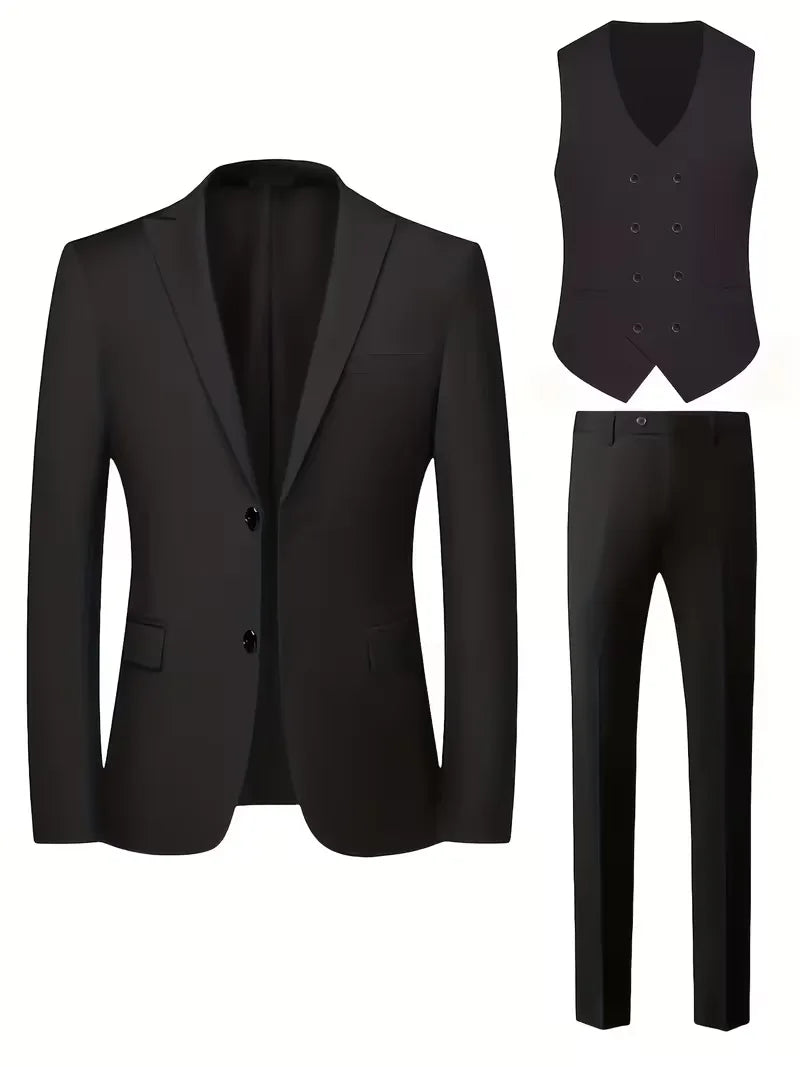Costume 3 pièces homme croisé coupe slim veste à revers gilet assorti 3