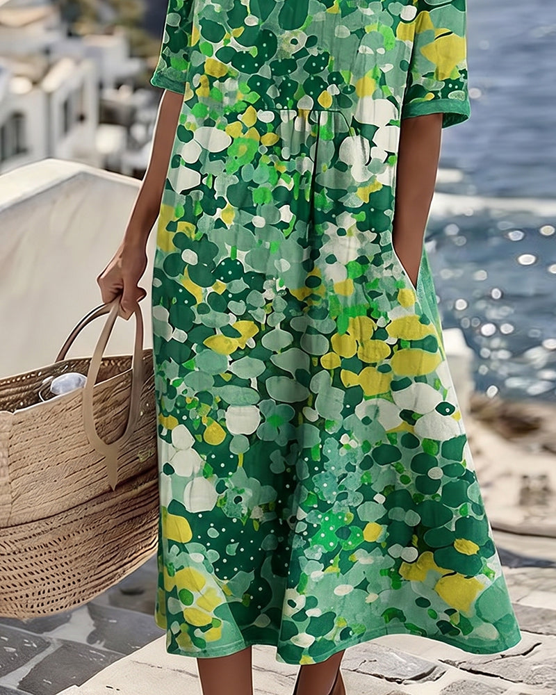 Robe midi fleurie en coton et lin à manches courtes et poches