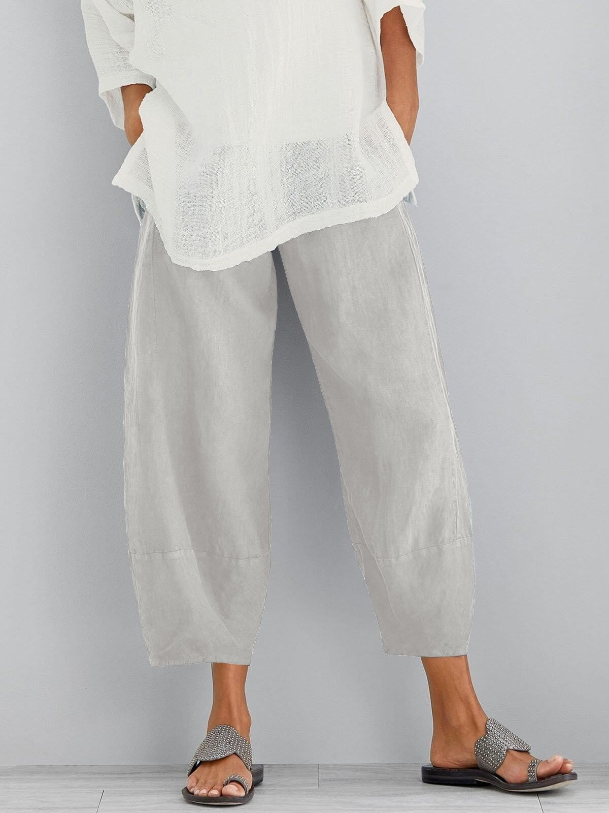 Pantalon court femme en coton à taille élastique et poches