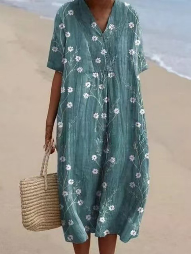 Robe midi fleurie à manches courtes