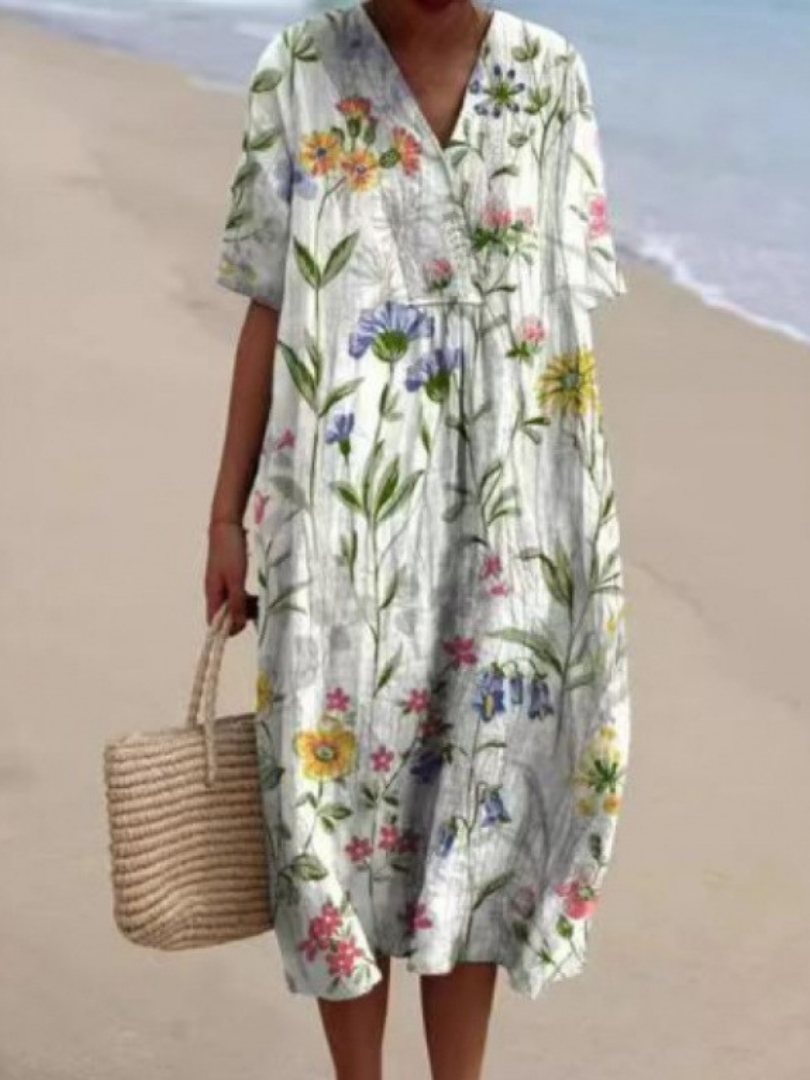 Robe midi fleurie à manches courtes