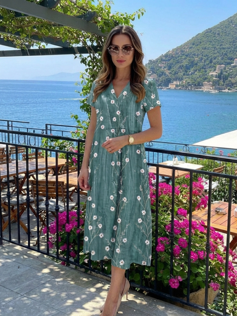 Robe midi fleurie à manches courtes