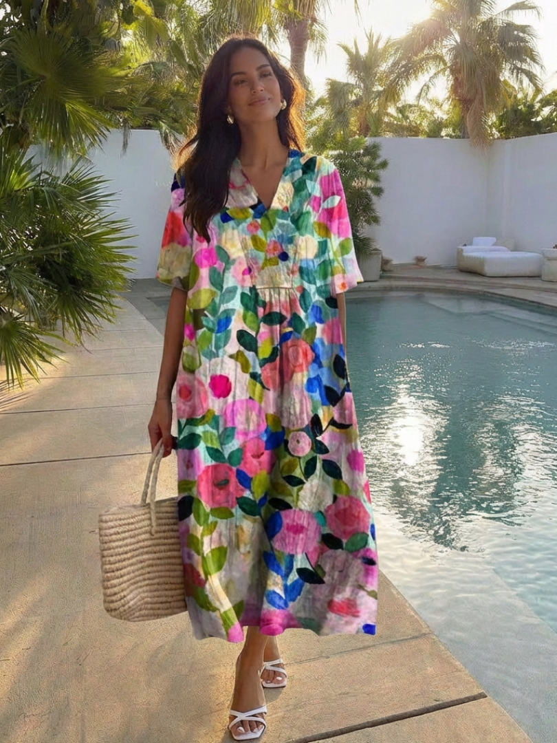 Robe midi fleurie à manches courtes