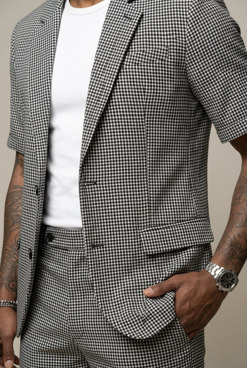 Corentin – Ensemble deux pièces à carreaux : blazer à manches courtes et short assorti homme