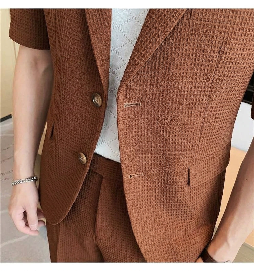 Corentin – Ensemble deux pièces à carreaux : blazer à manches courtes et short assorti homme