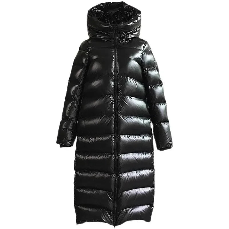 Doudoune femme longue à capuche matelassée brillante 5