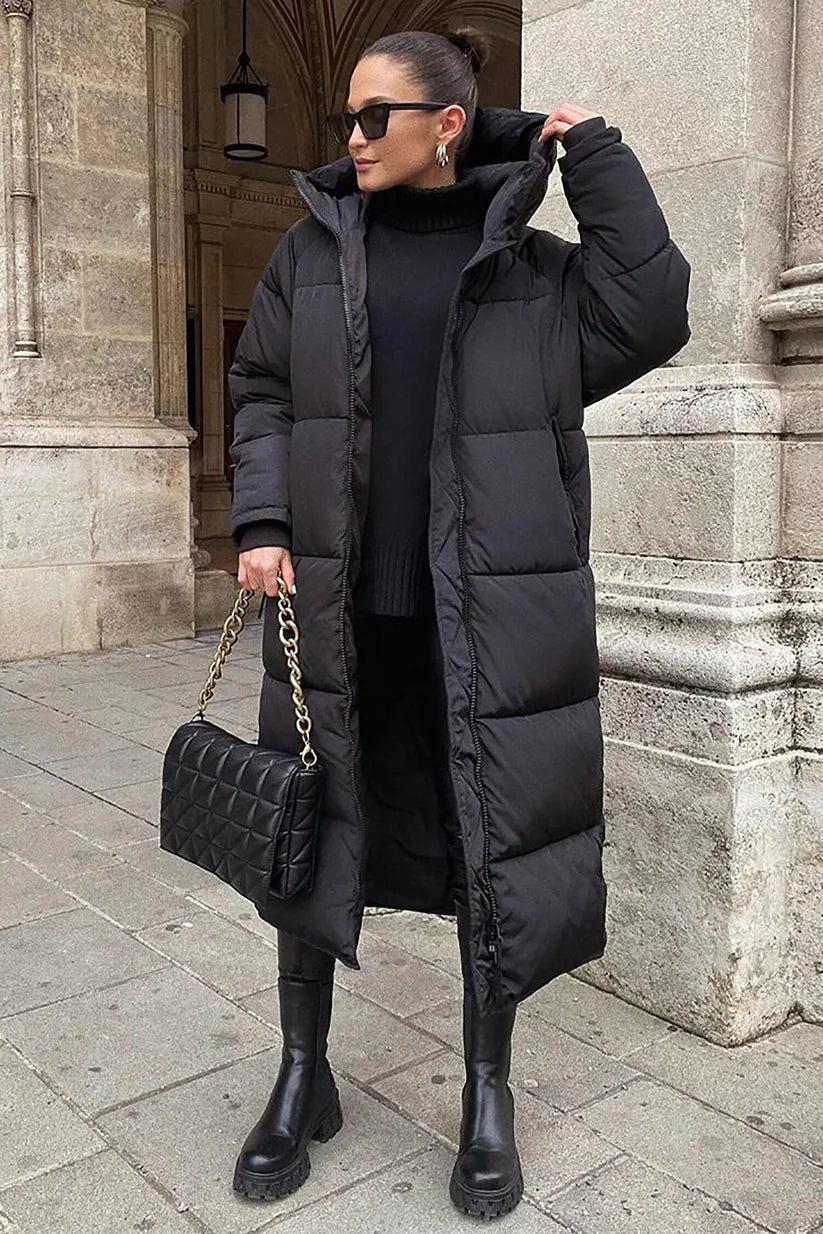 Doudoune femme longue à capuche matelassée oversize 1