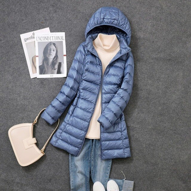 Doudoune longue femme à capuche amovible zippée 2