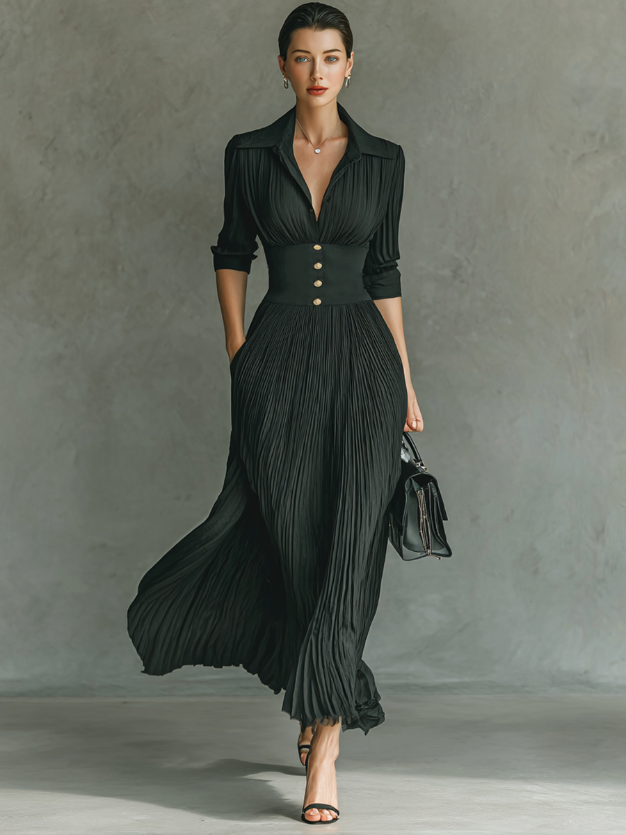 Esmée – Robe maxi unie plissée à col tailleur cintrée à manches longues femme