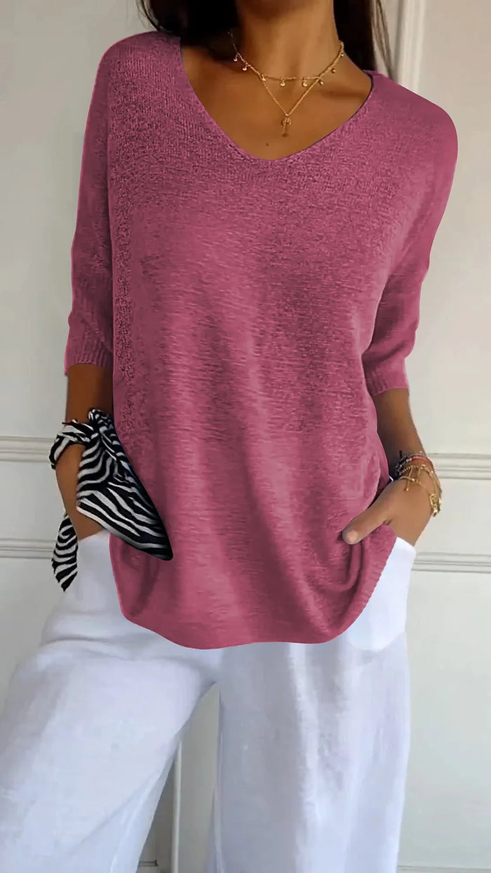 Lison – Top en maille à col en V et manches trois-quarts femme
