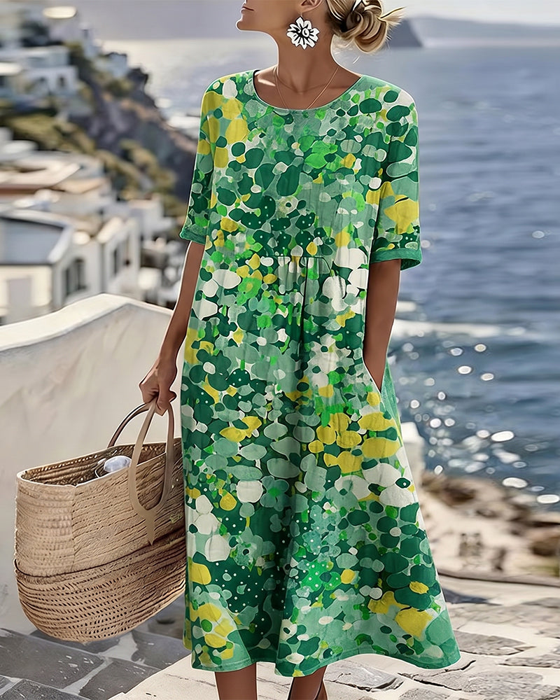 Robe midi fleurie en coton et lin à manches courtes et poches