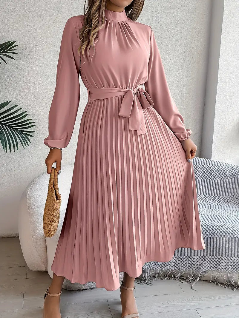 Camille – Robe midi plissée à manches longues avec ceinture femme