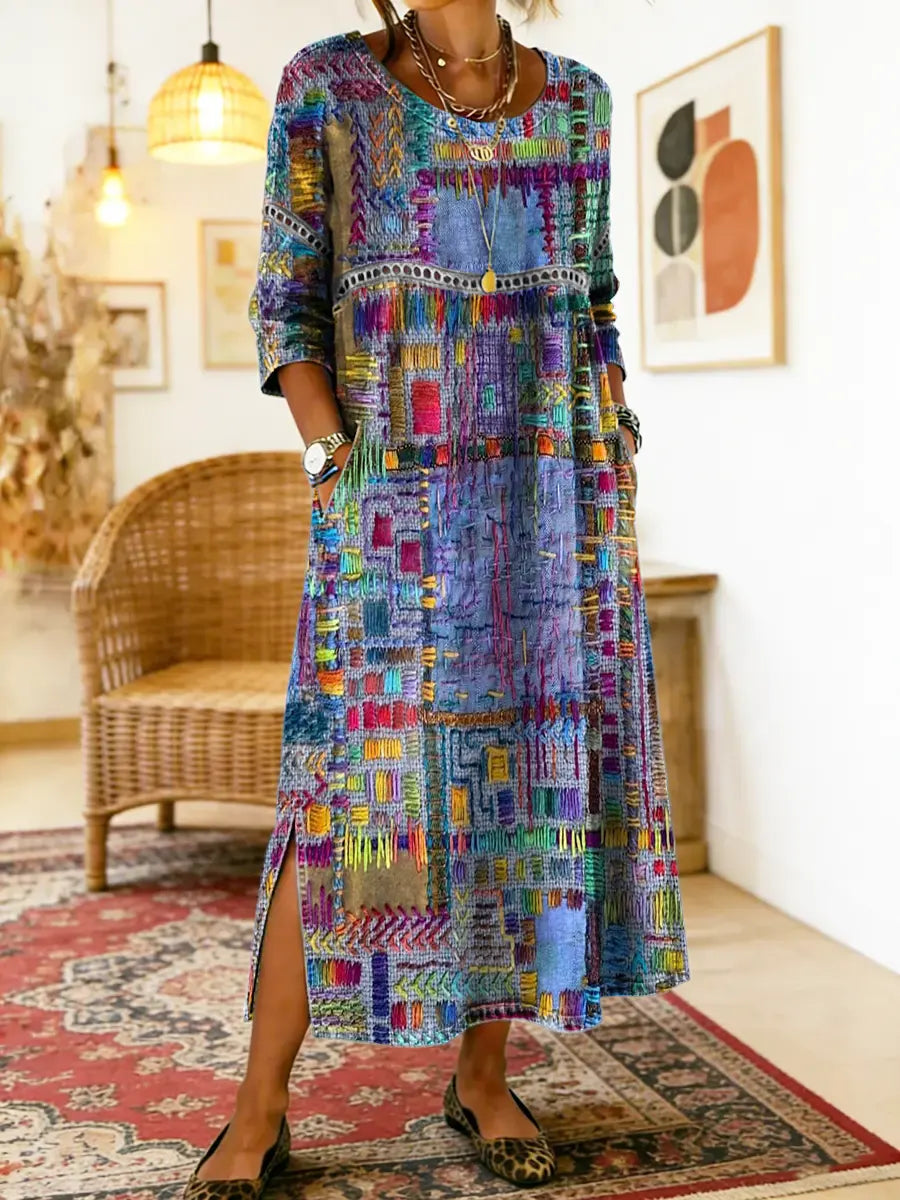 Robe bohème en denim fluide à patchwork ethnique et dentelle