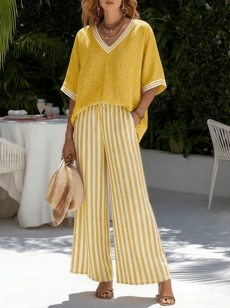 Ensemble femme en lin et coton à col V et pantalon large rayé