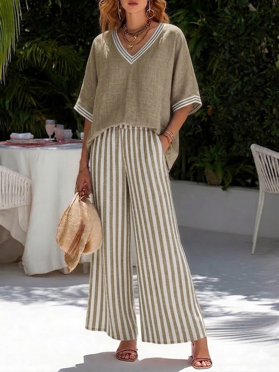 Ensemble femme en lin et coton à col V et pantalon large rayé