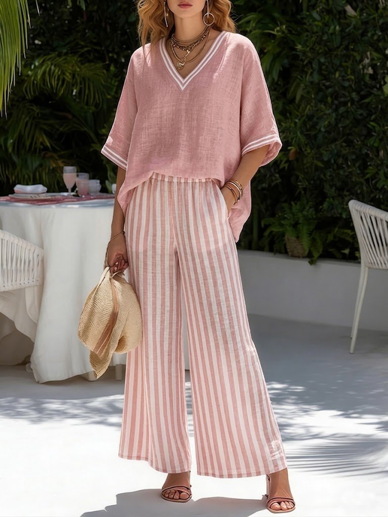 Ensemble femme en lin et coton à col V et pantalon large rayé