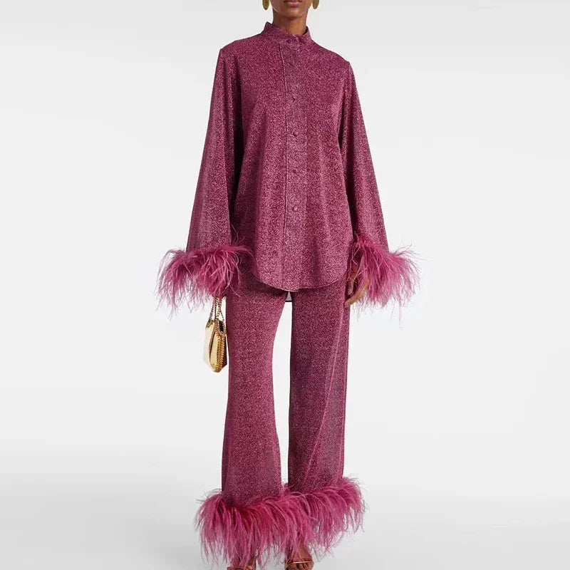 Ensemble deux pièces femme en maille à plumes pantalon large 1