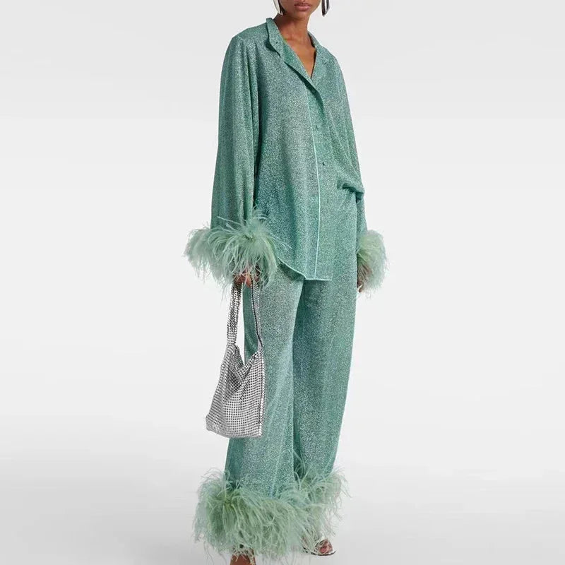 Ensemble deux pièces femme en maille à plumes pantalon large 2