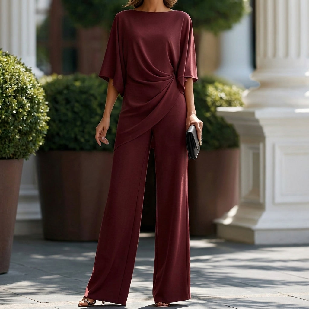 Ensemble deux pièces femme habillé à jambes larges et taille drapée 9