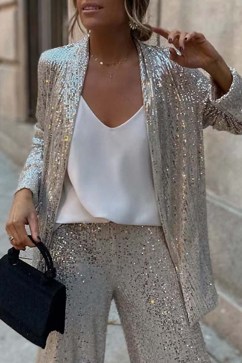 Ensemble à paillettes femme blazer et pantalon large 3