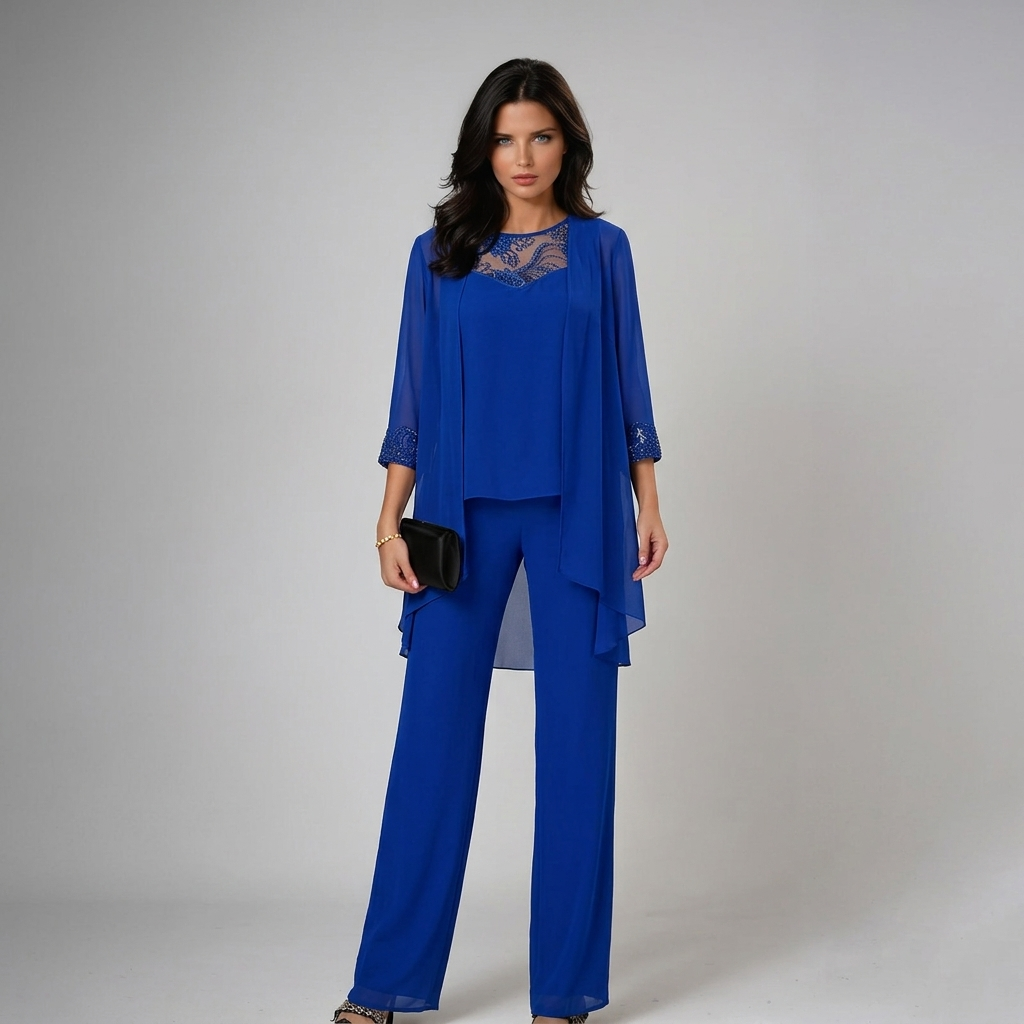 Ensemble pantalon femme trois pièces en dentelle à veste transparente 1