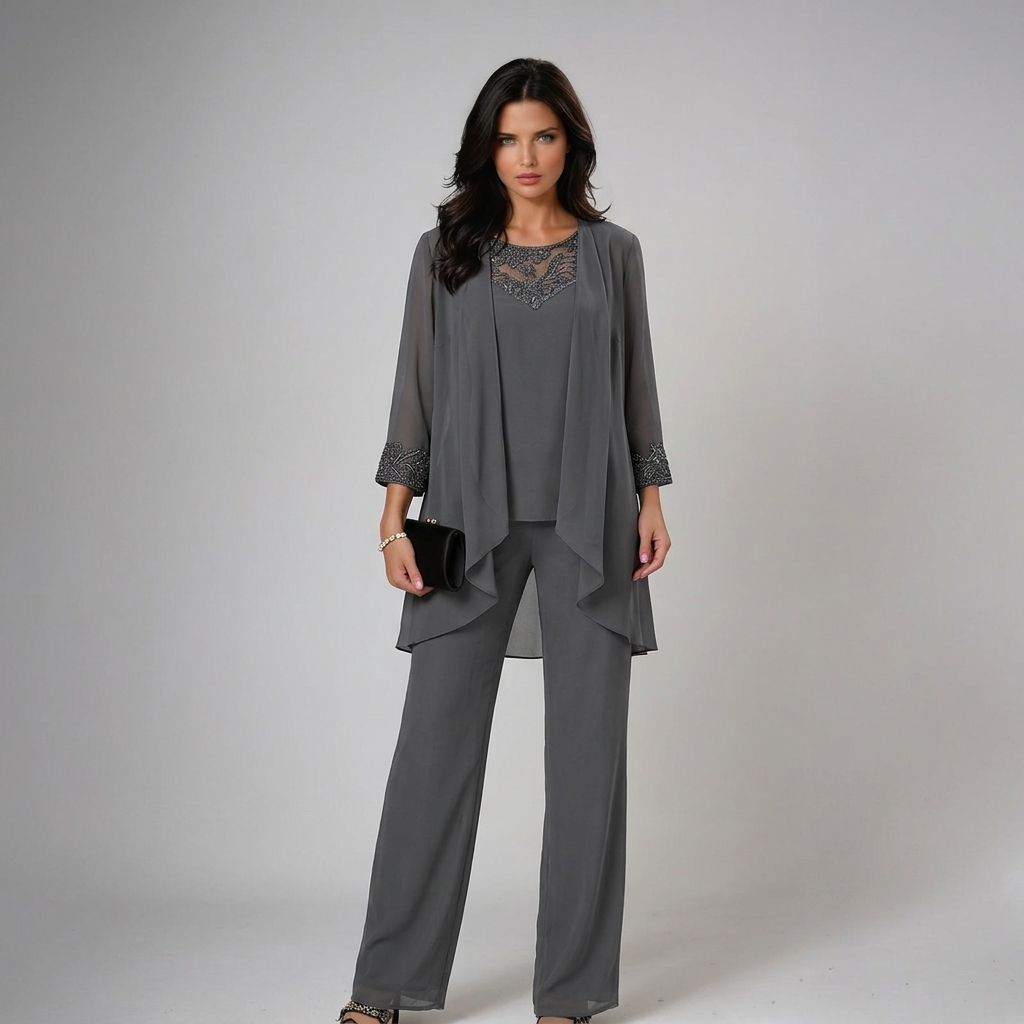 Ensemble pantalon femme trois pièces en dentelle à veste transparente 2