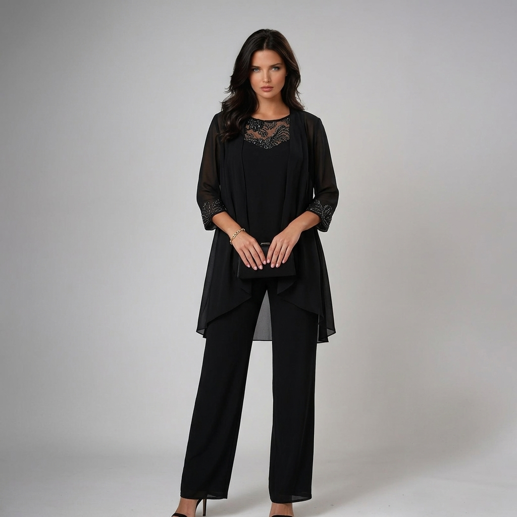 Ensemble pantalon femme trois pièces en dentelle à veste transparente 4