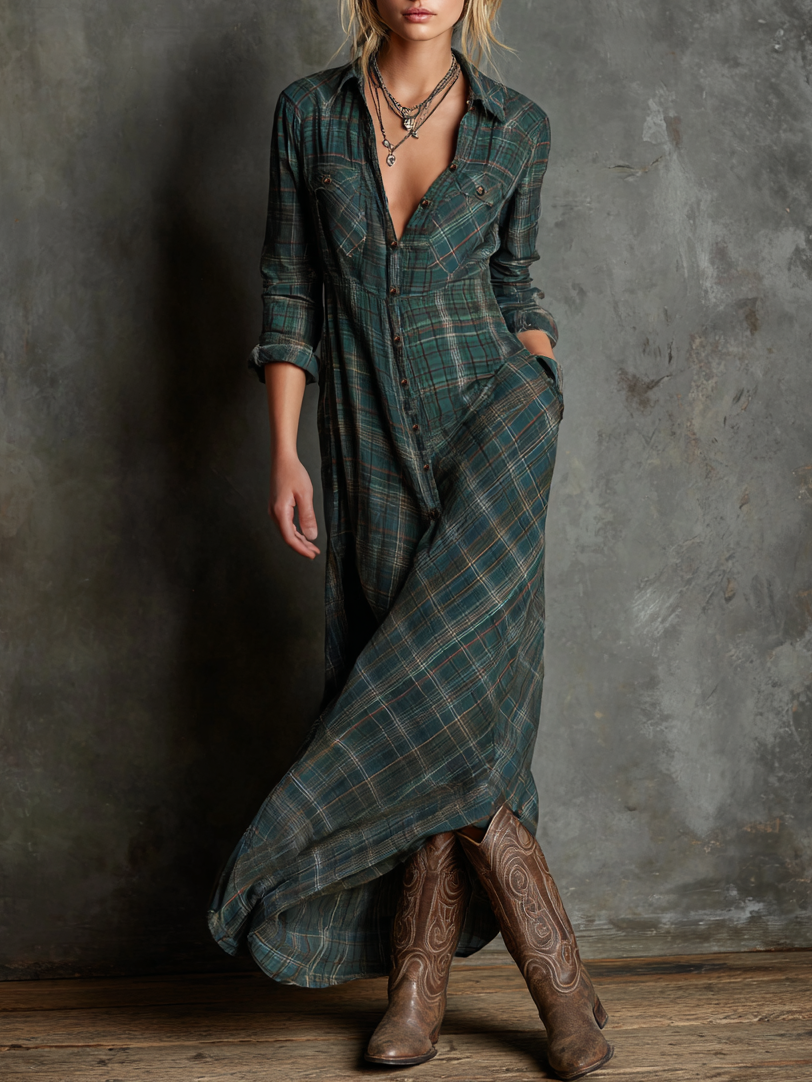 Lucie – Robe chemise maxi à carreaux femme