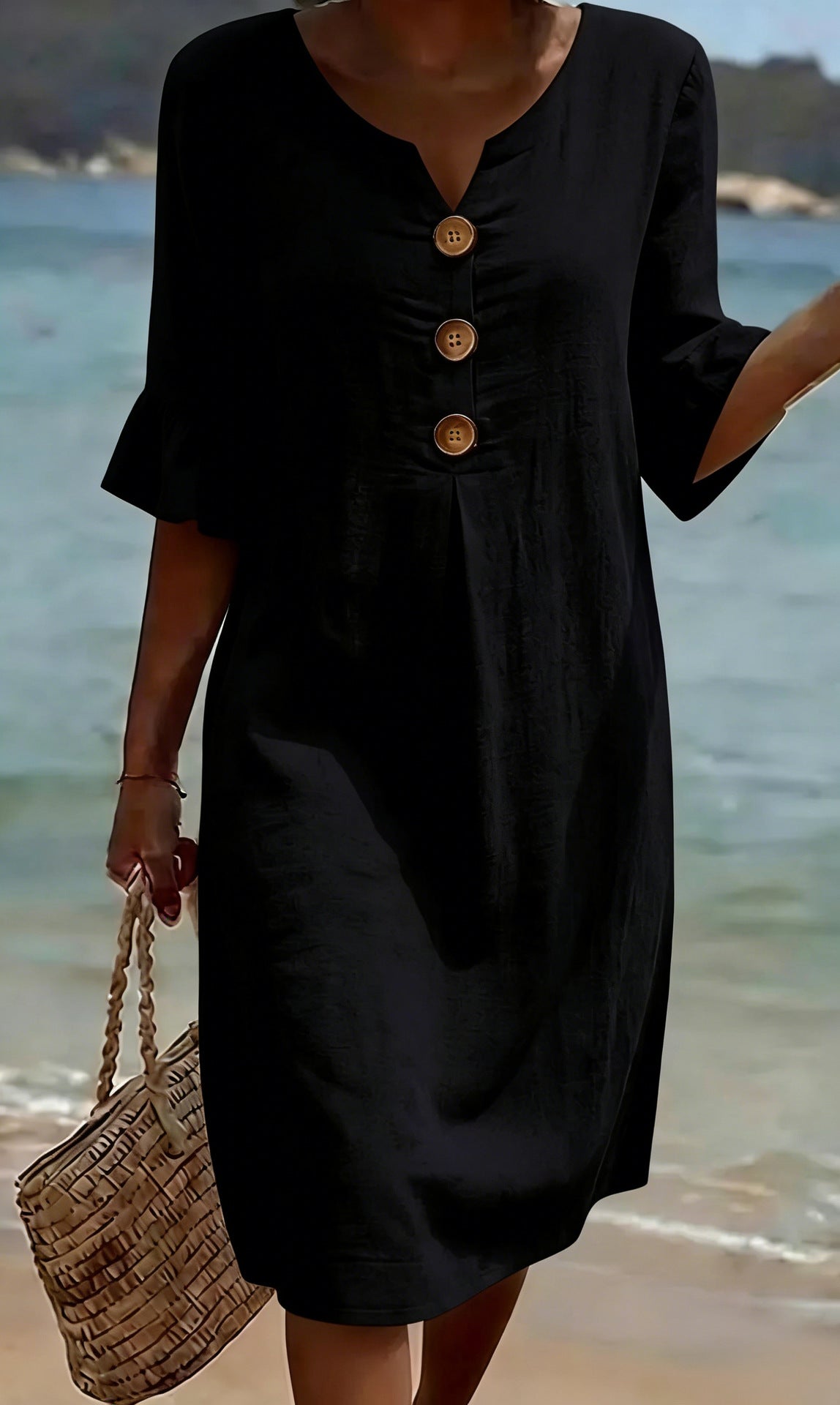 Robe d'été boutonnée en coton et lin à manches volantées