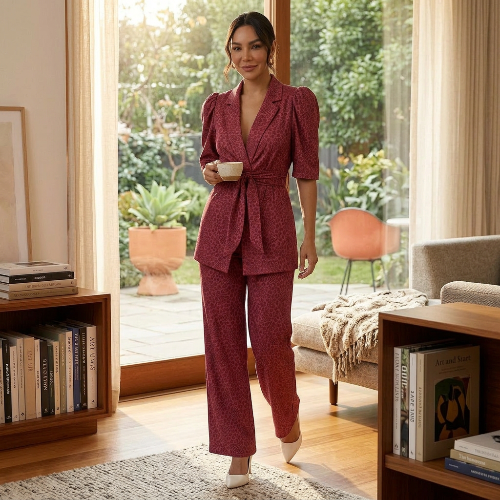 Charlotte – Ensemble deux pièces femme avec blouse à manches bouffantes et pantalon droit