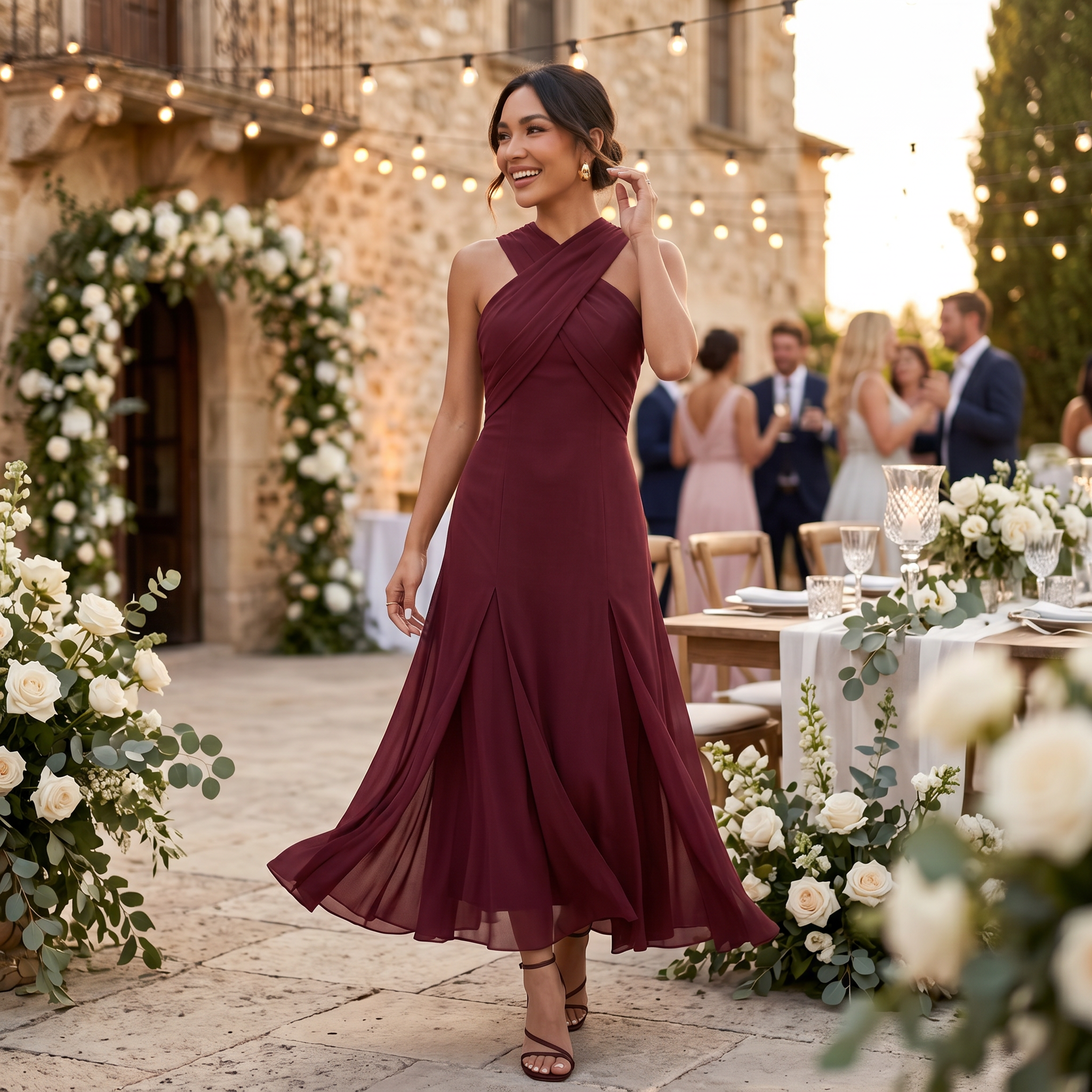 Adèle – Robe longue en mousseline à nœud pour invitée de mariage