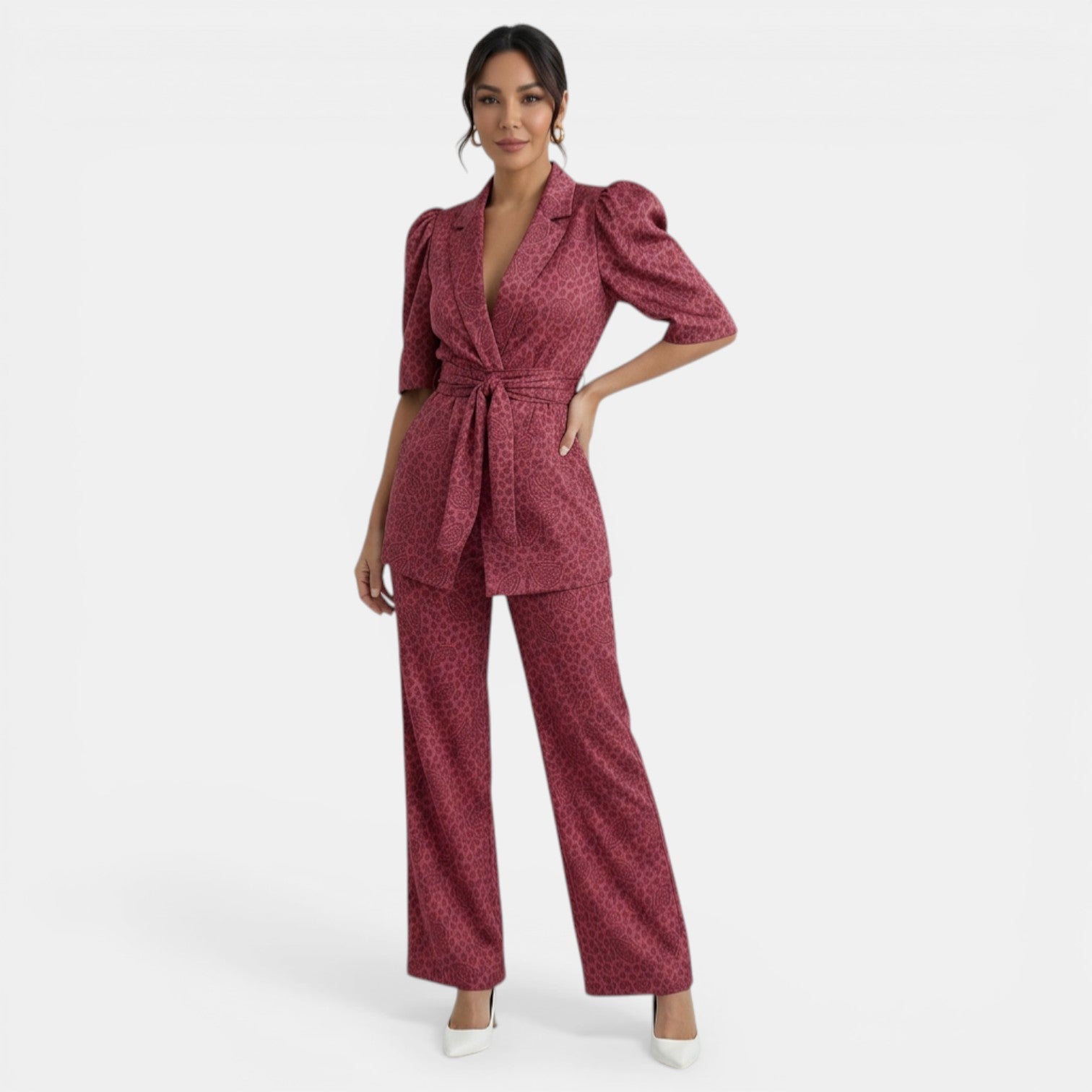 Charlotte – Ensemble deux pièces femme avec blouse à manches bouffantes et pantalon droit