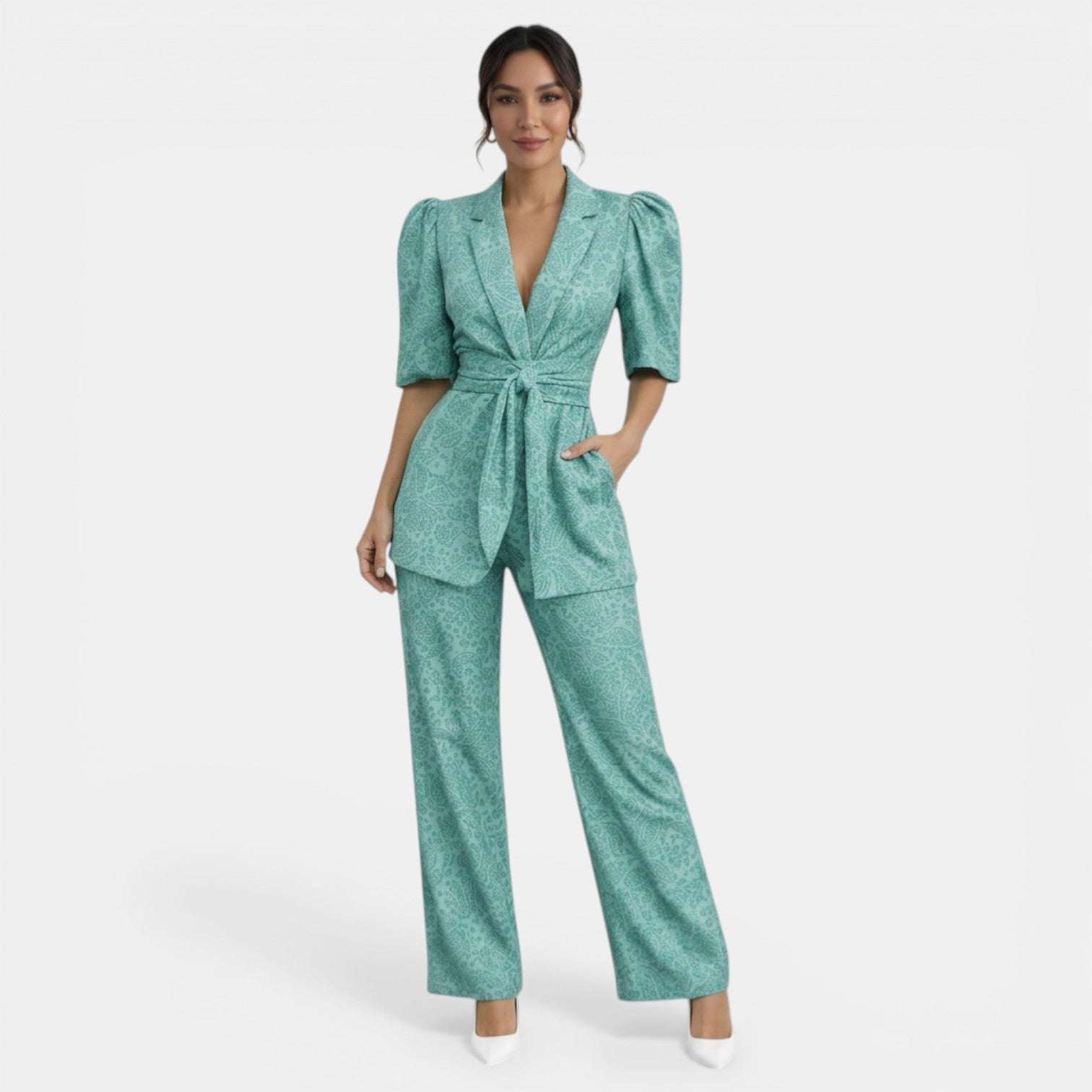 Charlotte – Ensemble deux pièces femme avec blouse à manches bouffantes et pantalon droit