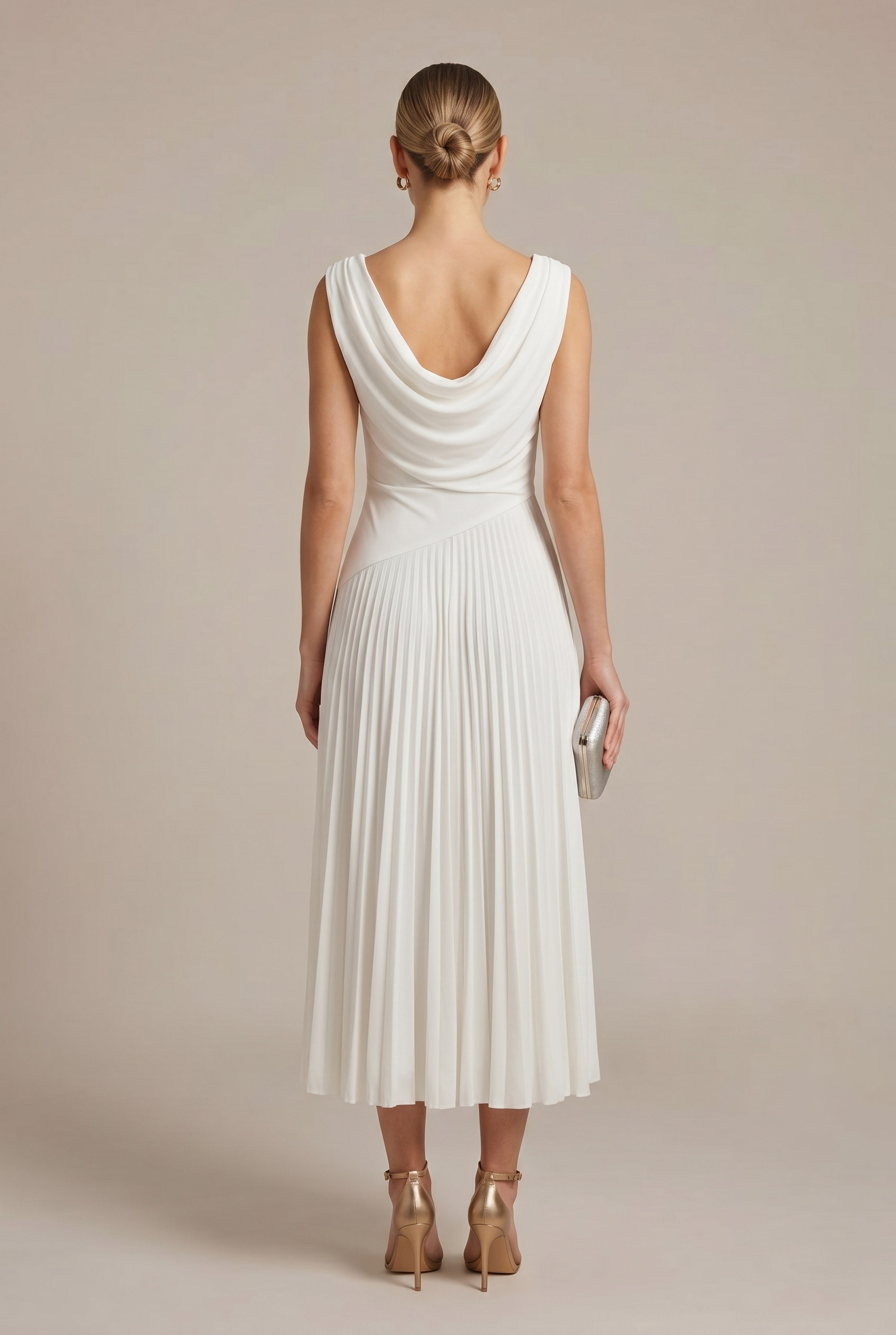 Océane – Robe midi sans manches à col drapé plissé femme