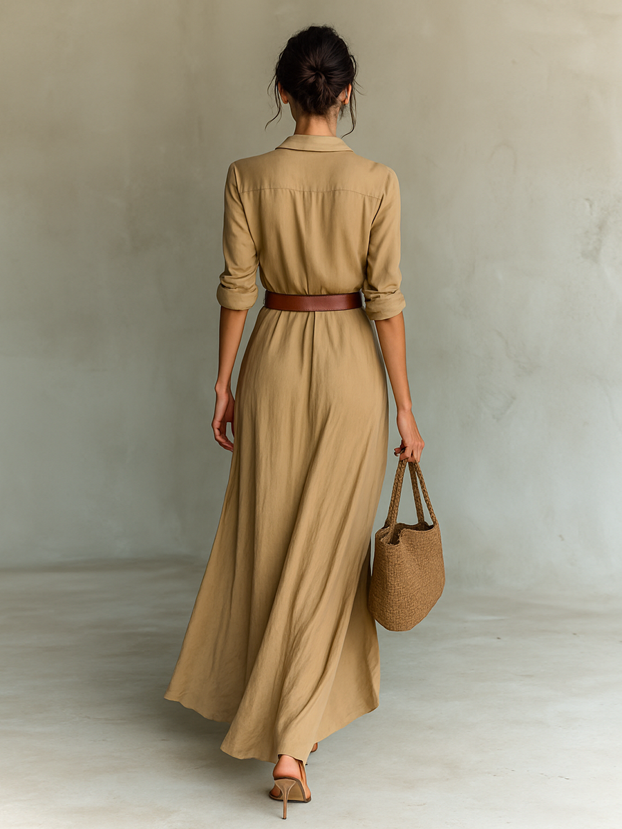 Gaëlle – Robe chemise maxi à manches longues et ceinture femme